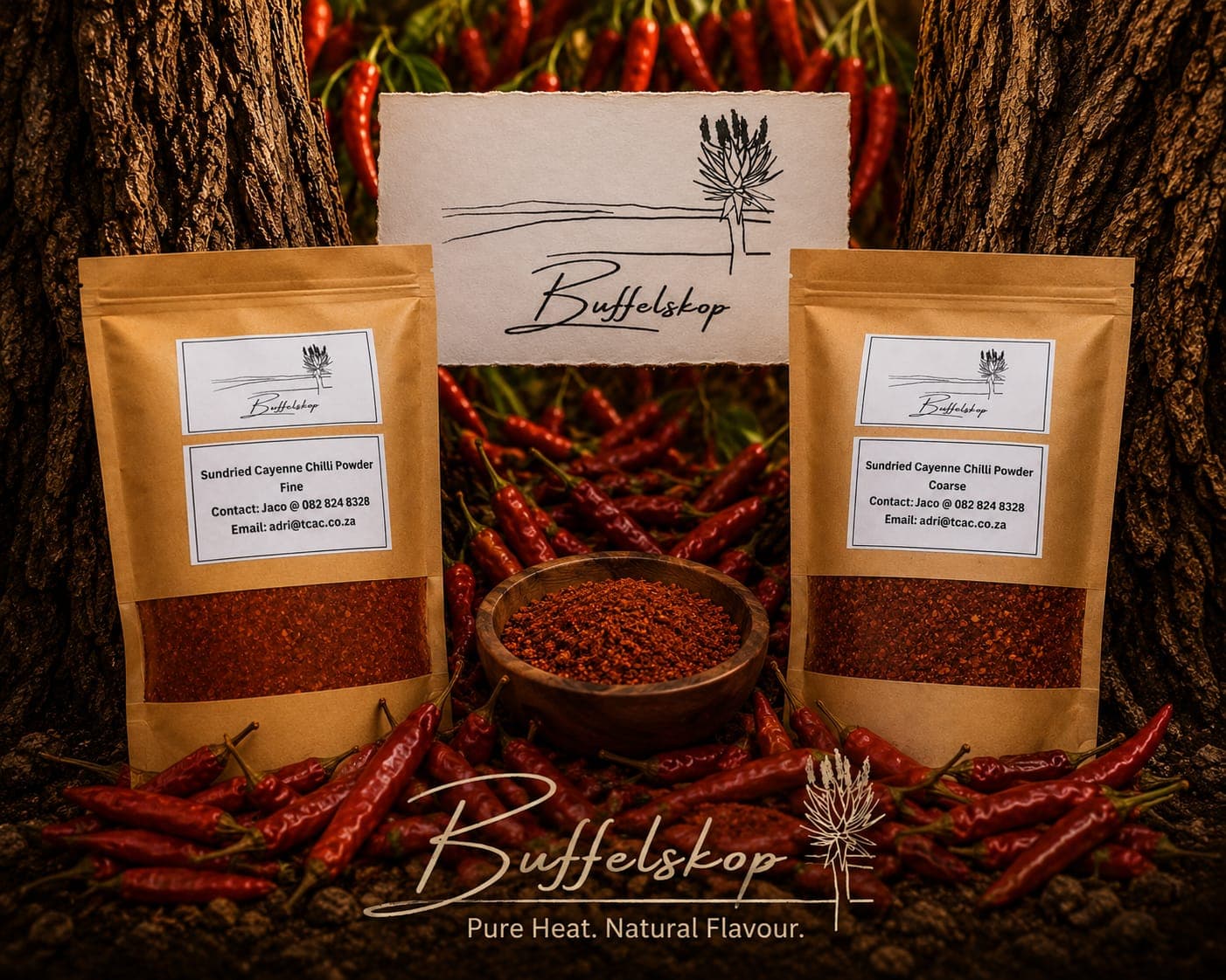 Buffelskop premium sundried cayenne chilli powder, fine and coarse, hand-picked and naturally sun-dried