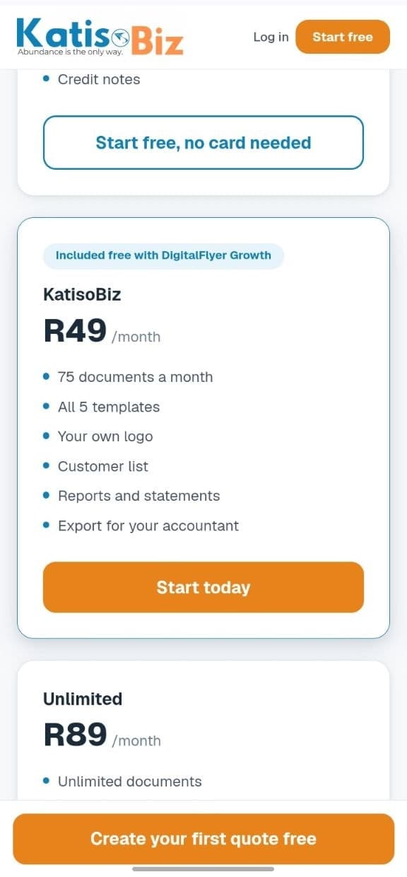 The KatisoBiz plans, free, R49 and R89 a month