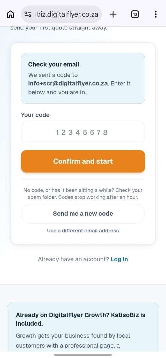The screen asking for the code from your email