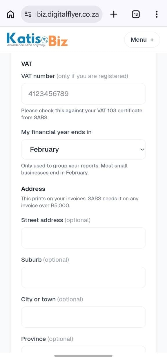 The VAT number and address fields
