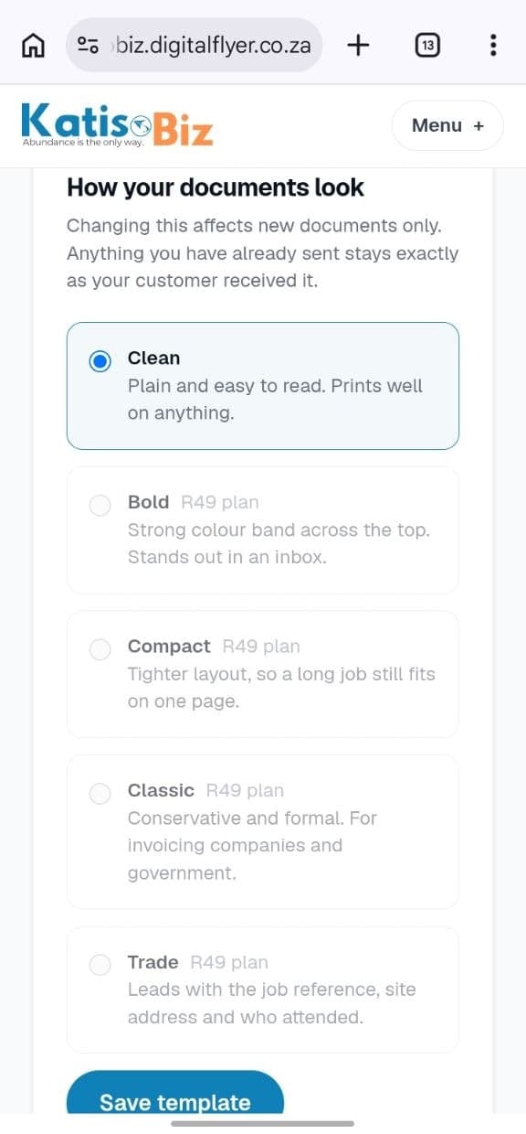 The document template choices