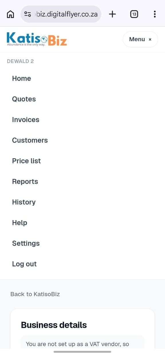 The KatisoBiz menu