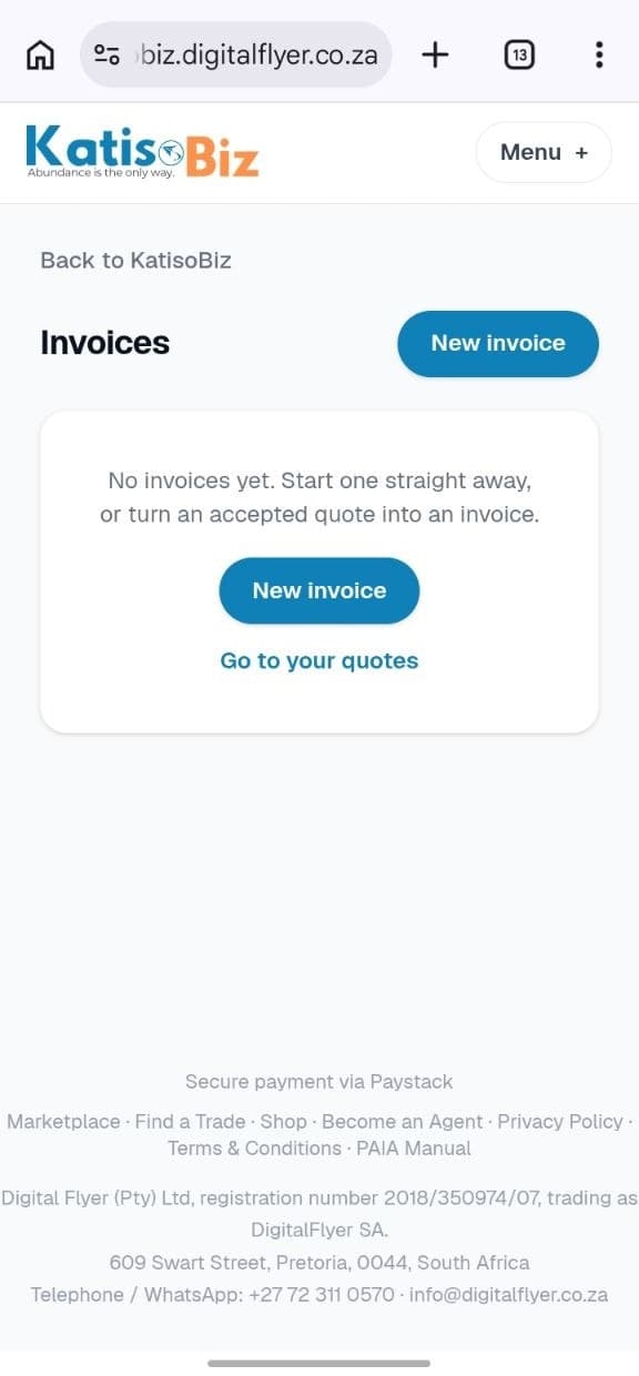 The invoices screen
