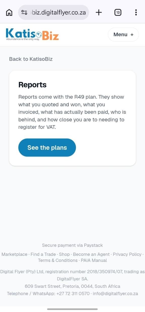The reports screen