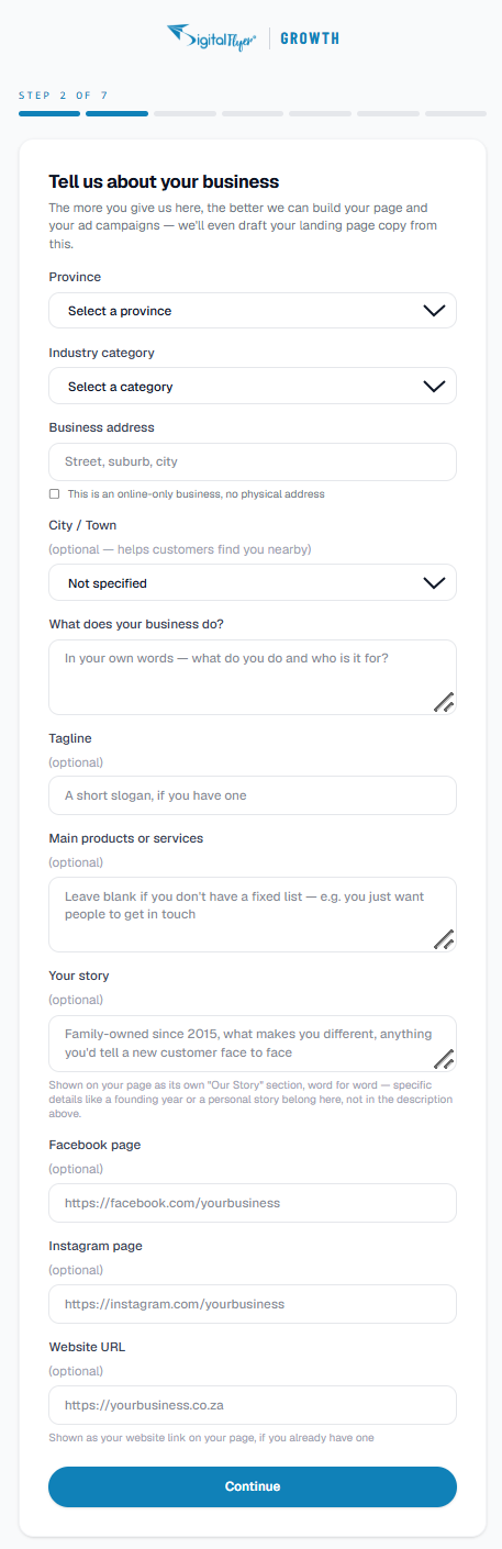 The onboarding form asking for basic business details
