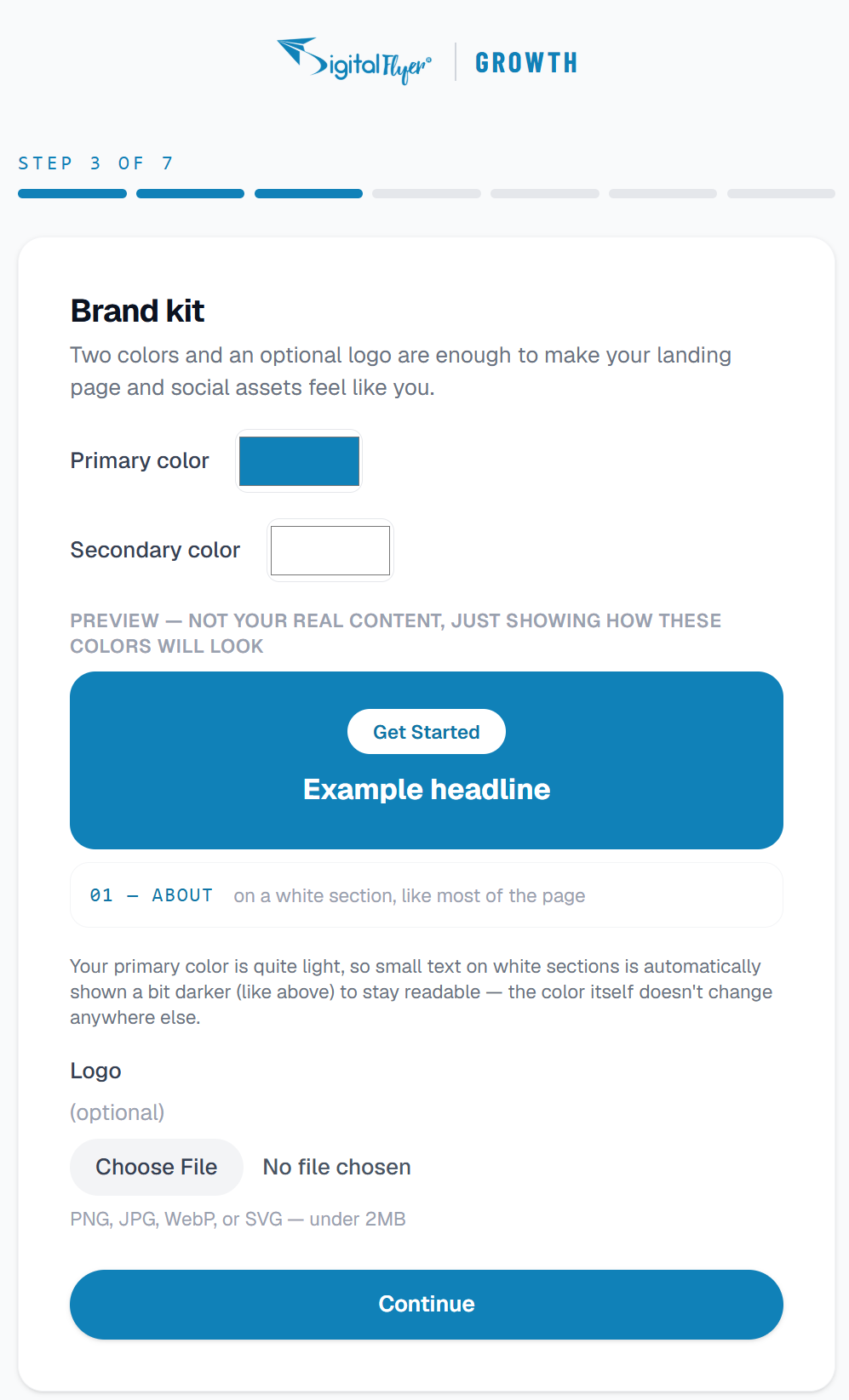 The brand kit step showing colour pickers and a live preview