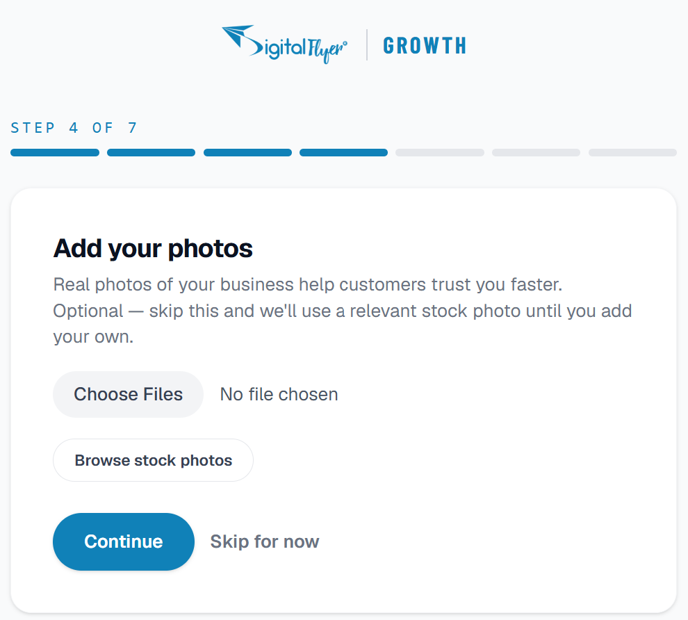 The photo upload step with a stock photo search option