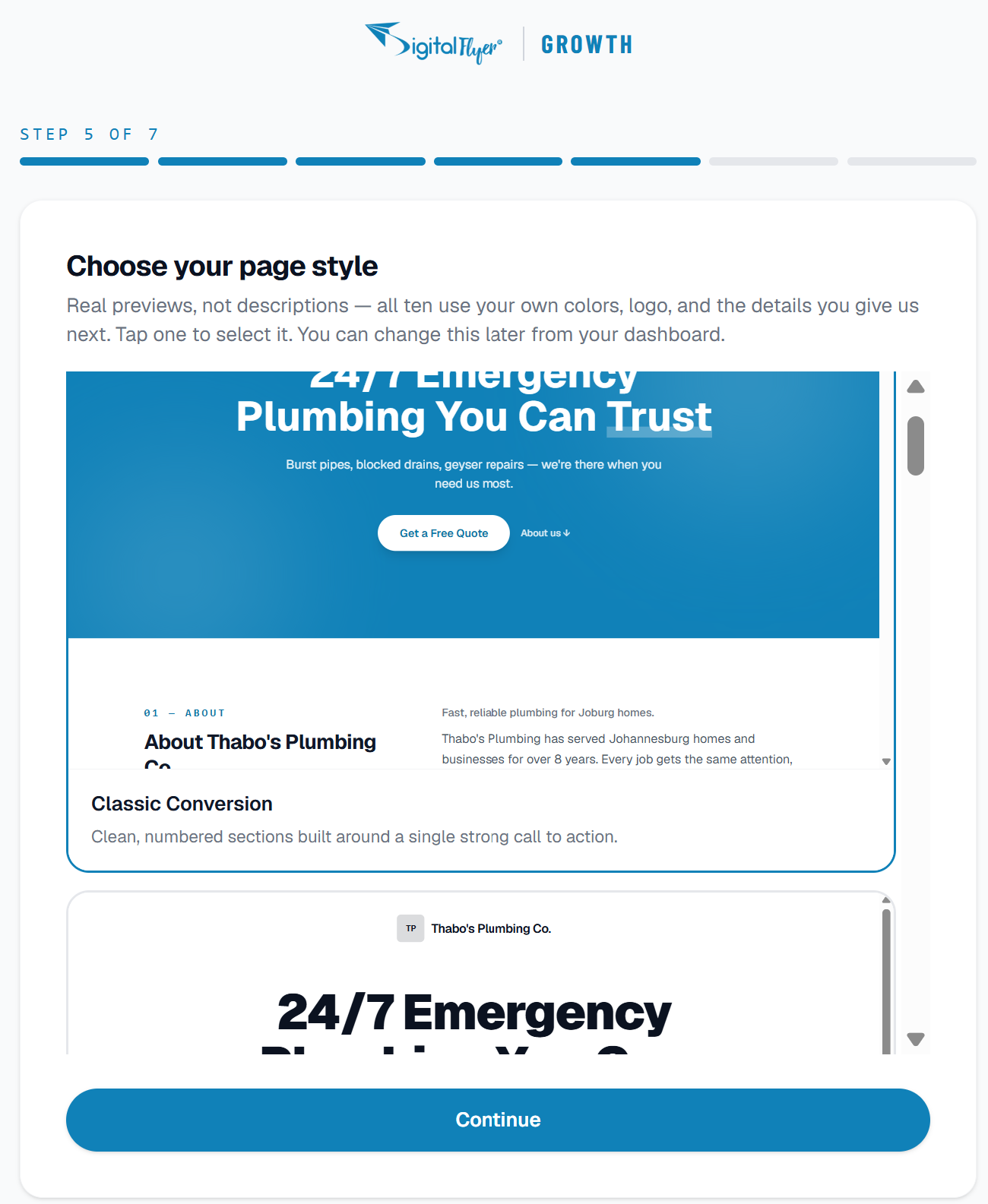 The template picker showing a real live design preview