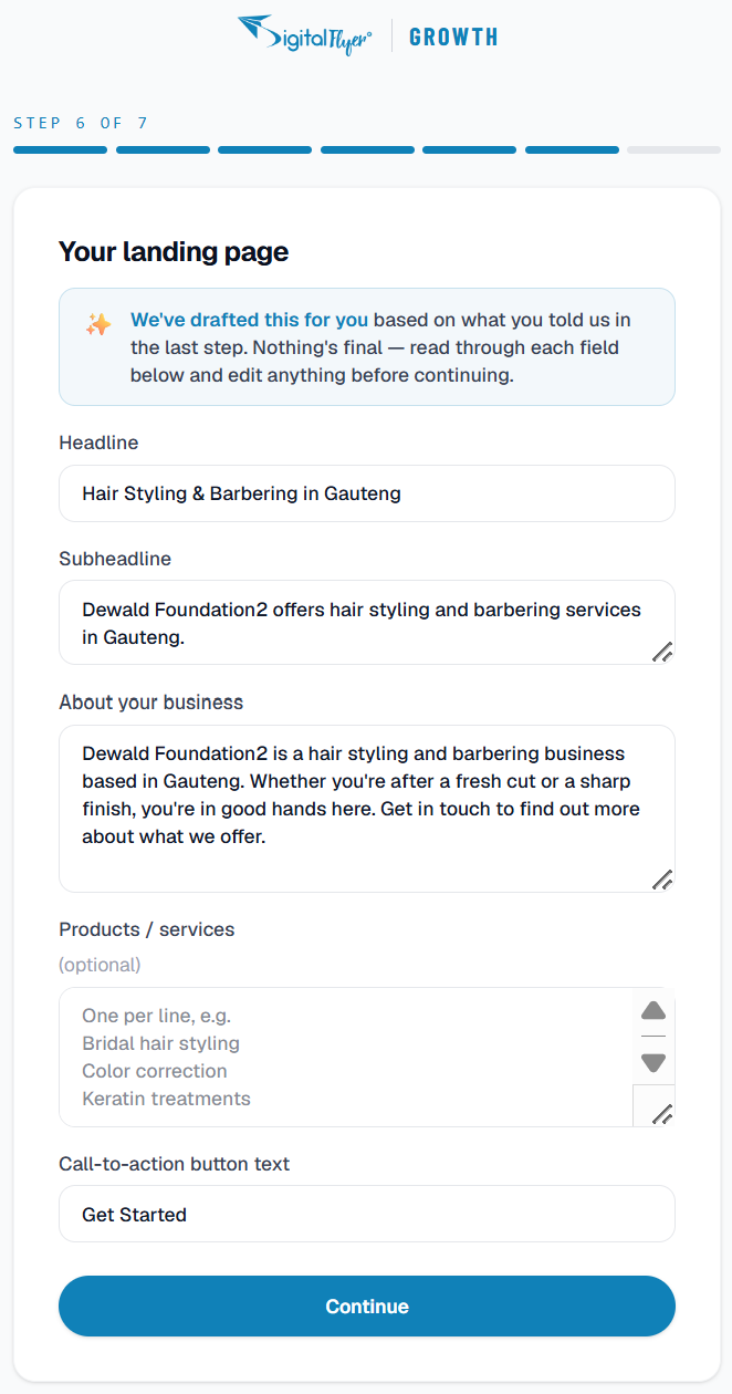 The landing copy step showing an AI-drafted description