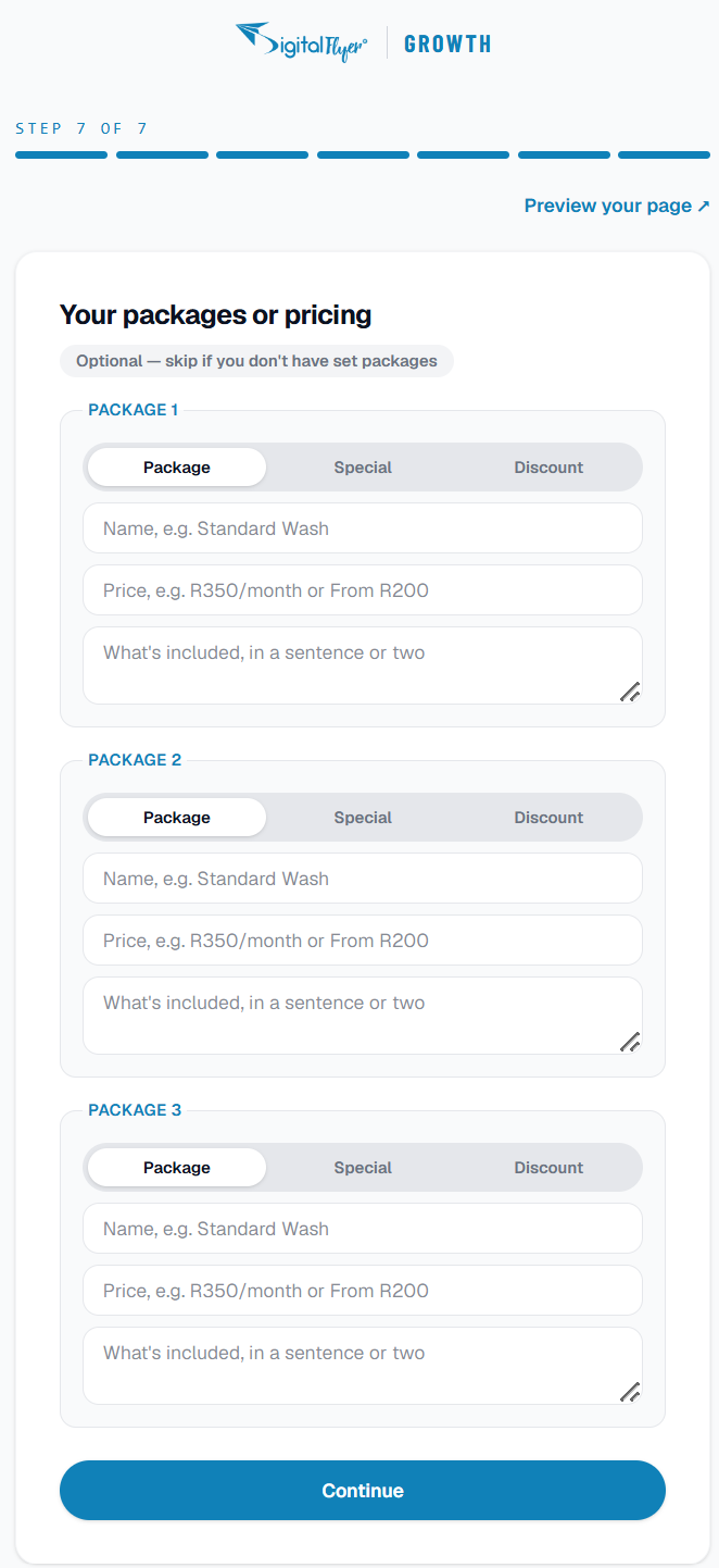 The packages step showing three package slots