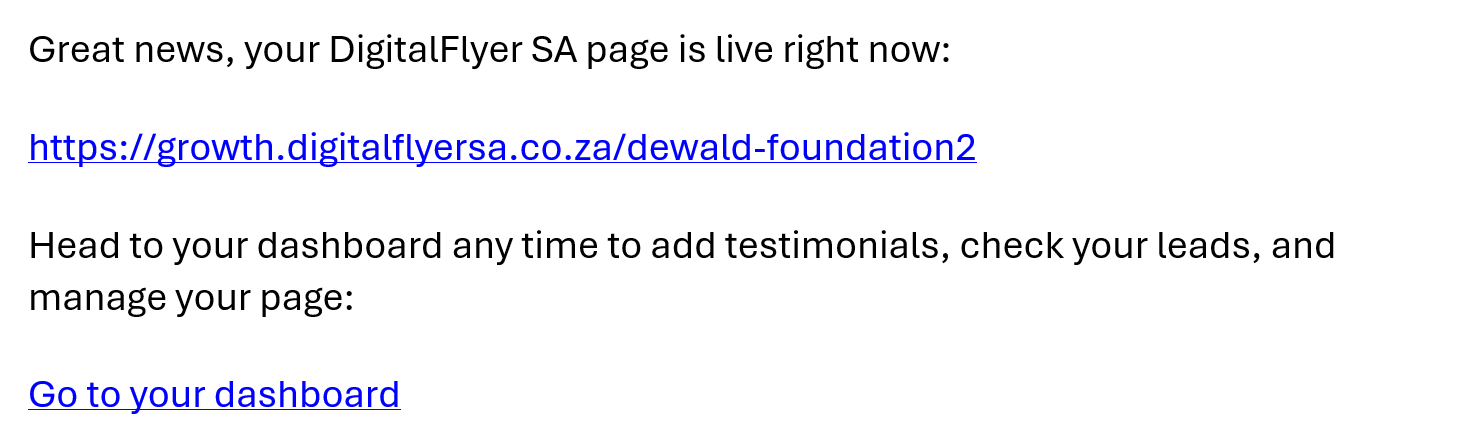 The email confirming your page is live, with a link to it