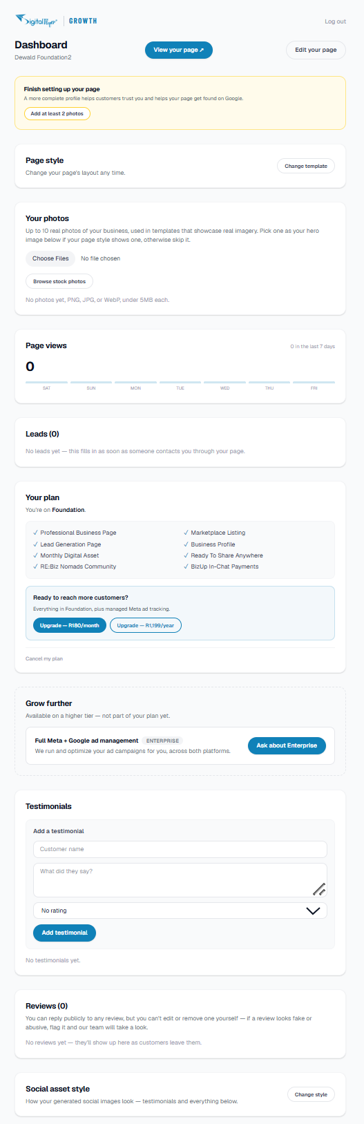 The client dashboard after signup is complete